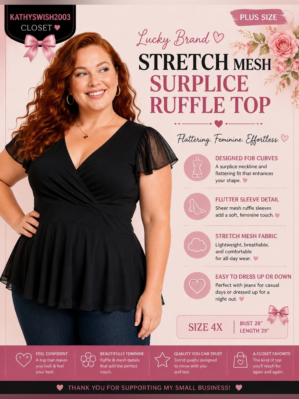 Torrid Size 4X STRETCH MESH SURPLICE RUFFLE SLEEVE TOP NWT